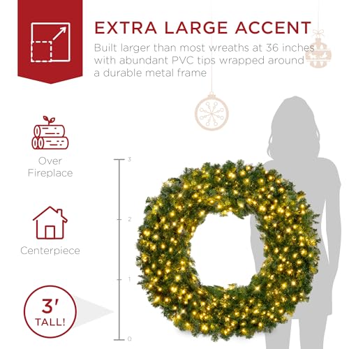 Best Choice Products 60in Large Artificial Pre-Lit Fir Christmas Wreath Holiday Accent Decoration w/ 300 LED Lights, 930 PVC Tips
