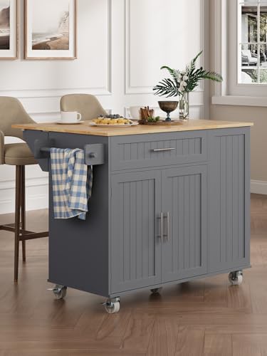 Kitchen Island with Storage, 31.5" D Rolling Kitchen Island Cart on Wheels with Widen Drop Leaf Rubberwood Top