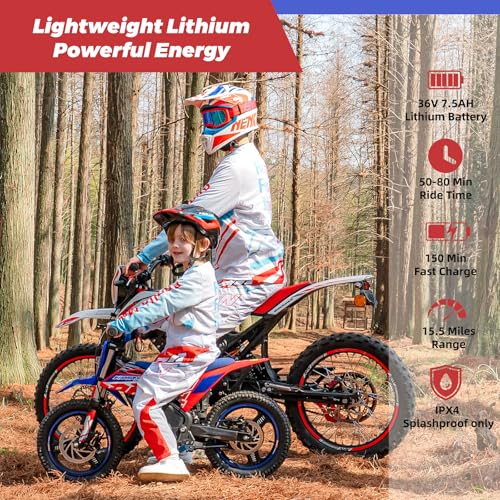 E500 36V Kids Electric Dirt Bike, Electric Motorcycle with 700W Motor | 21.7 mph Max Speed, 15.5-Mile Range & 3 Speeds Off-Road Bike for Ages 4-8