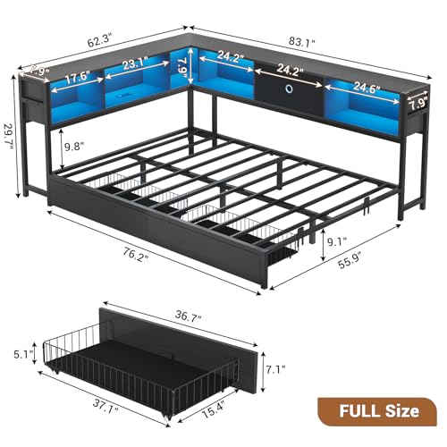 Hasuit Corner Bed Frame with Storage Bookcase, Twin Daybed with Storage Drawers Underneath, Kids Bed Unit with Charging Station and LED Light