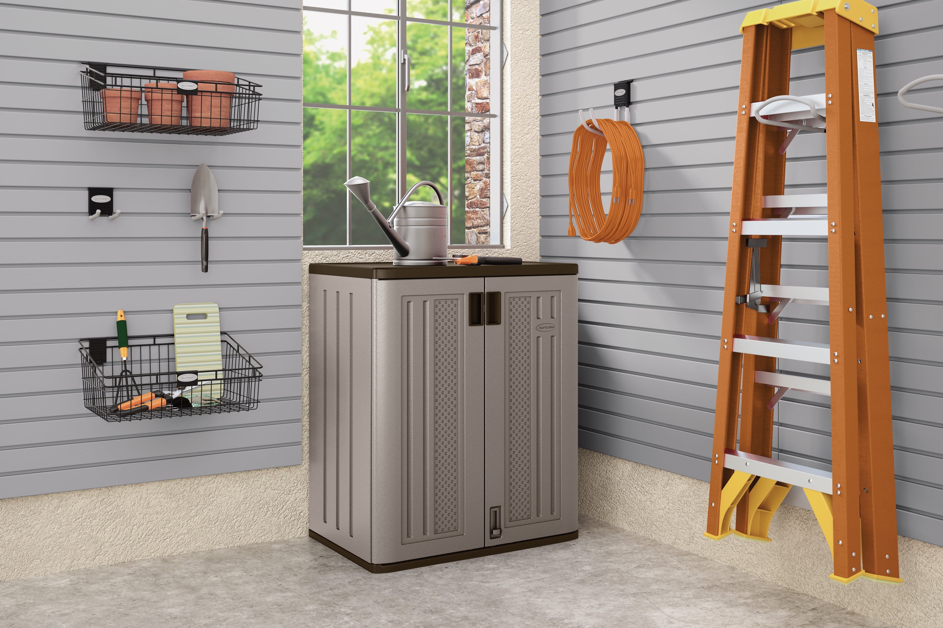 Suncast 2-Shelf Resin Base Cabinet, Platinum Metallic