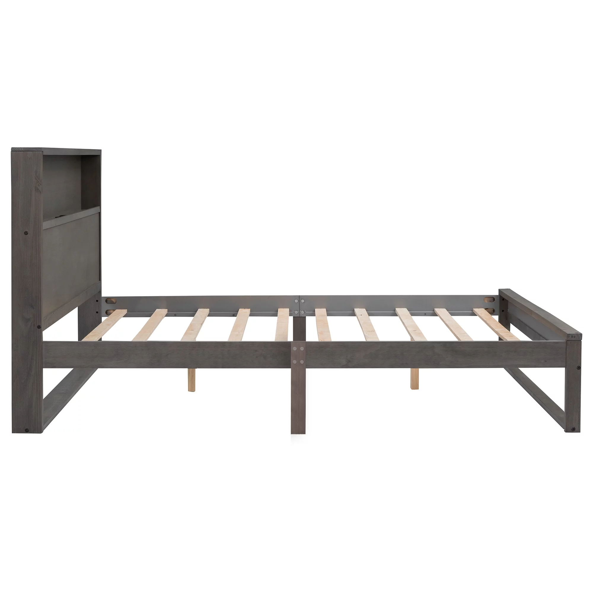 Bellemave Queen Bed with Storage Bookcase Headboard, Solid Wood Queen Size Platform Beds Frame with USB Ports & Outlets