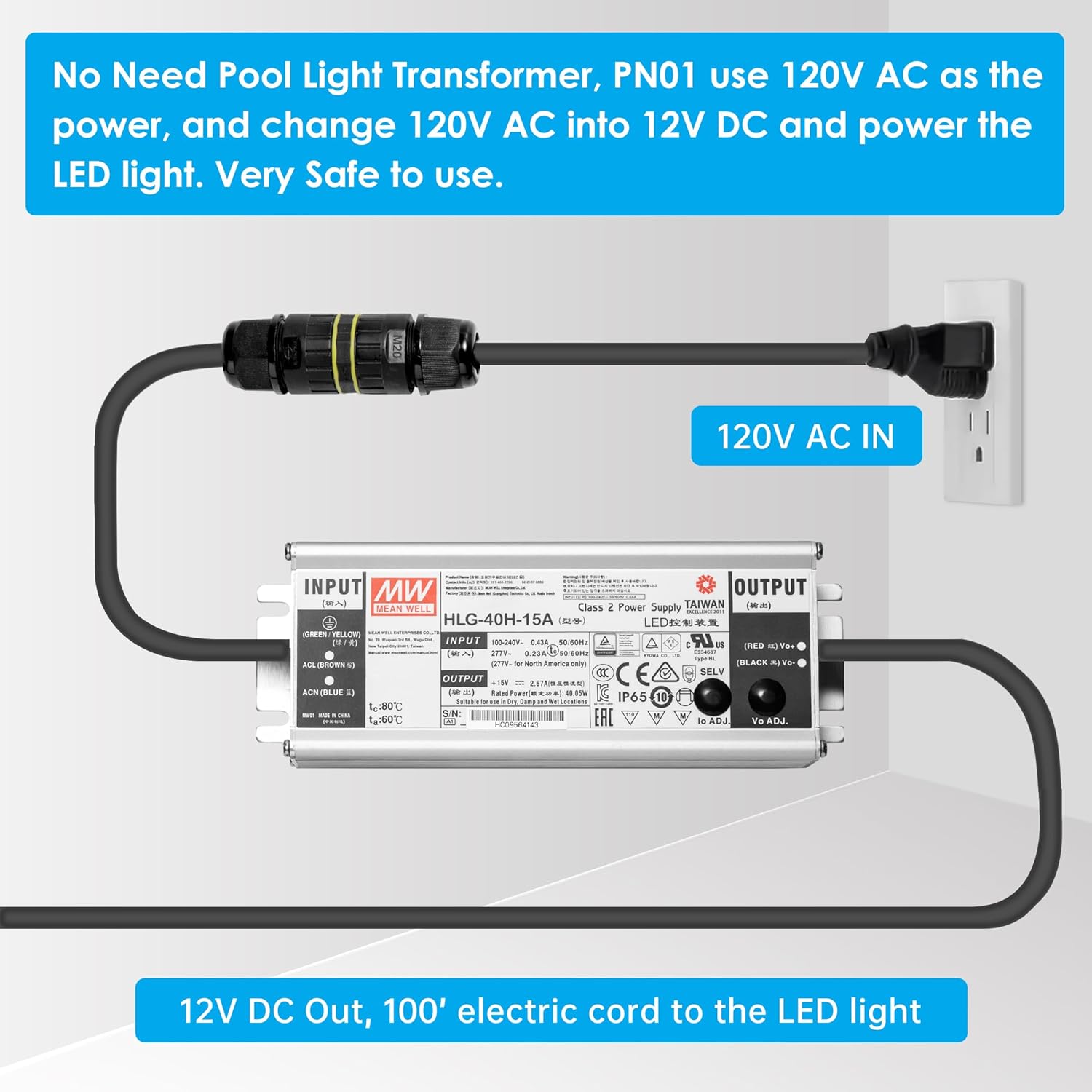 HQUA PN01 120V AC LED Inground Pool Light, 10 Inch 35W 3000lm (300W Incandescent Equivalent), with 100 Feet Cord, Transformer Included
