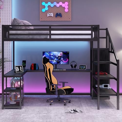 Full Size Loft Bed with Desk,Metal Heavy Duty Full Loft Bed with Stairs,Wardrobe and Shelves