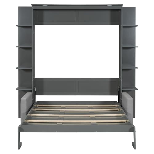 HABITRIO Queen Size Murphy Bed, Wooden Queen Murphy Bed Frame with Shelves, Wall Bed with L-Shape Sofa, White