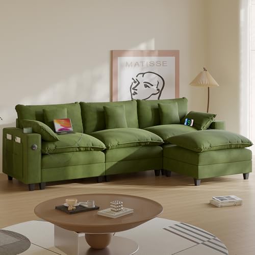 Modular Sectional Sofa, Cloud Couch with Ottoman, Charging Station, Throw Pillows, Cup Holders, Modern Convertible U Shaped Couches for Living Room