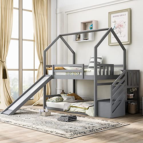 Merax Twin Over Twin House Bunk Bed Frames with Slide and Storage Staircase, No Box Spring Needed, White