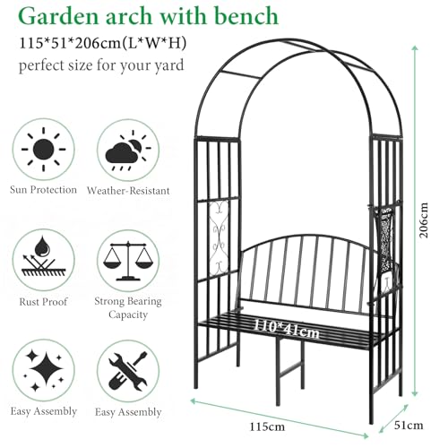 Garden Arch Heavy Duty (Holds 660lbs-250kg) | Metal Arbor Archway for Climbing Plant & Two People Seat Bench |Outdoor Lawn Backyard Decor 81 x 45.3 x