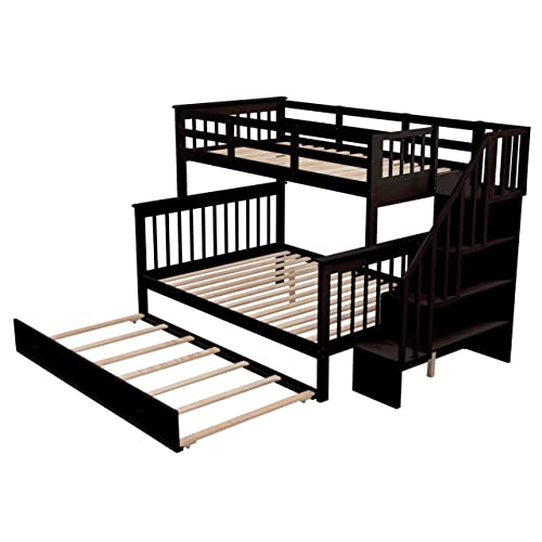 Ball & Cast Full Over Full Bunk Bed with Twin Size Trundle and Built in 4 Drawer,Wood Bunkbed w/Storage Ladder & Slat Support