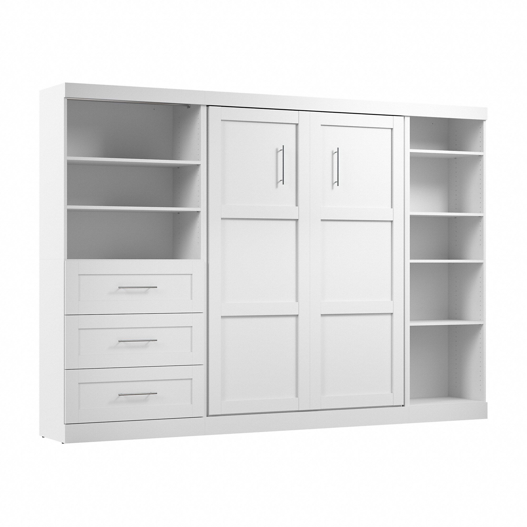 Bestar Pur Full Murphy Bed with Shelving and Drawers (120W) in Rustic Brown