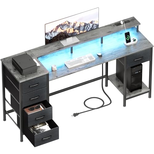 47 Inch Computer Gaming Desk with Power Outlets LED Lights Reversible Home Office with Adjustable Fabric Storage Drawers for Working Writing Study