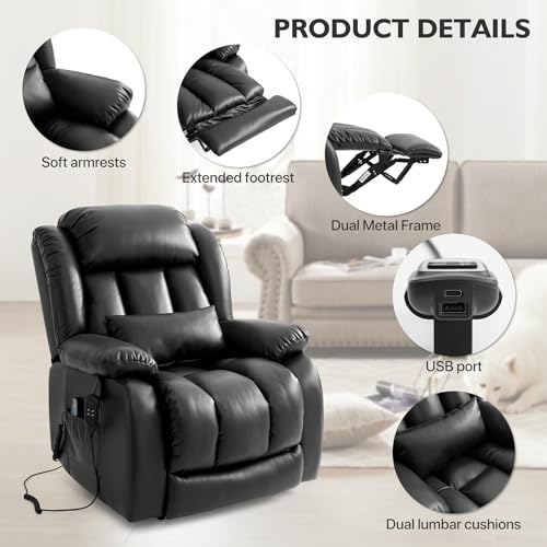 EDILLY Large Genuine Leather Power Lift Recliner Chairs for Elderly, Dual Motor with Massage and Heating,Double Lumbar Cushion and Extended Footrest