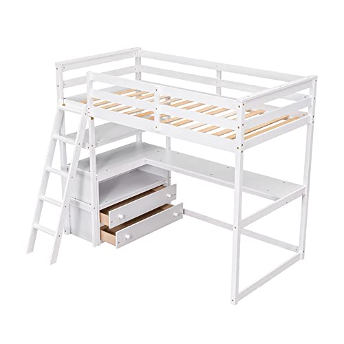 Full Size Loft Bed with Desk & Wardrobe, Solid Wood Kids Loft Bedframe w/3 Storage Drawers & 2 Shelves, Maximum Space Design, for Bedroom, Dorm, Gray