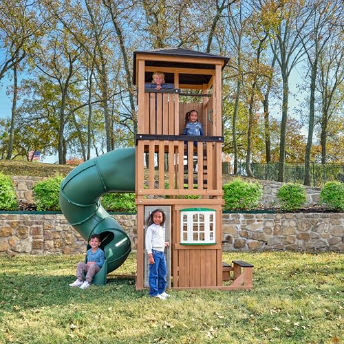 KidKraft Panorama Tower Three-Story Wooden Outdoor Playhouse with Slide