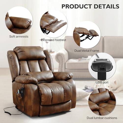EDILLY Large Genuine Leather Power Lift Recliner Chairs for Elderly, Dual Motor with Massage and Heating,Double Lumbar Cushion and Extended Footrest
