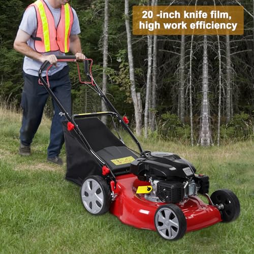 20-Inch Gas Push Lawn Mower | 141CC 4-Cycle Engine | Self Propelled Lawn Mower | Side Discharge | High Rear Wheels | 7-Position Single Wheel Height