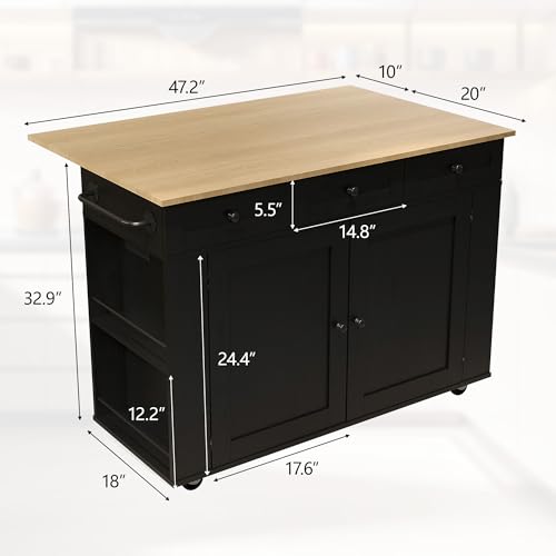 GarveeHome Rolling Kitchen Island Cart with Power Outlet & Drop Leaf, Kitchen Storage Cabinet On Wheels with 3 Drawers, Spice Rack & Towel Rack