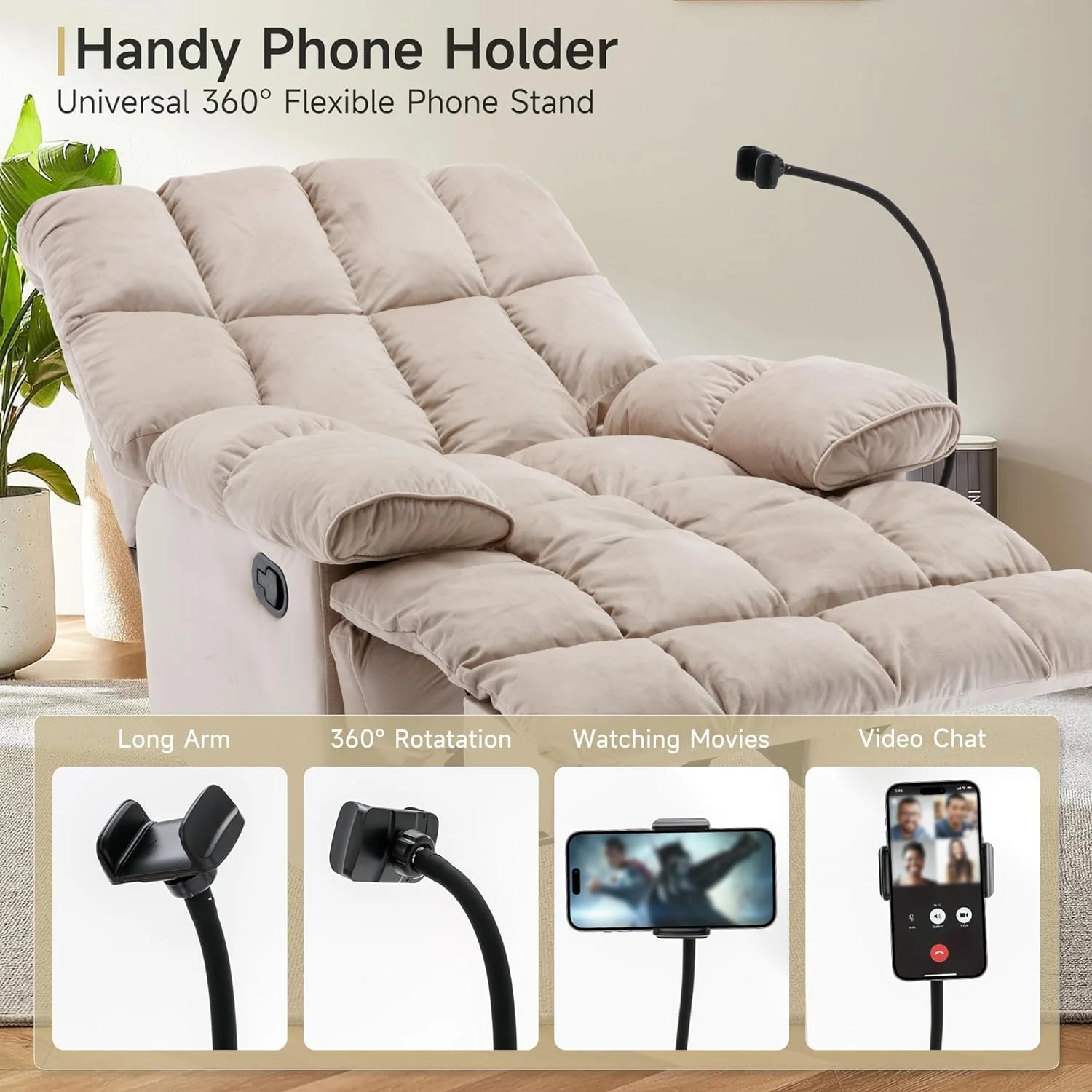 hzlagm Home Oversized Velvet Manual Chair Recliner Overstuffed Arms and Back for Home Theater Living Room Beige - Radiant Selections