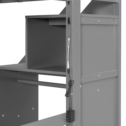 Modern Full Size Gaming Loft Bed with Built-in Desk and Storage Wardrobe, Wood Loft Bed Frame with Light Strip and 2 Drawers