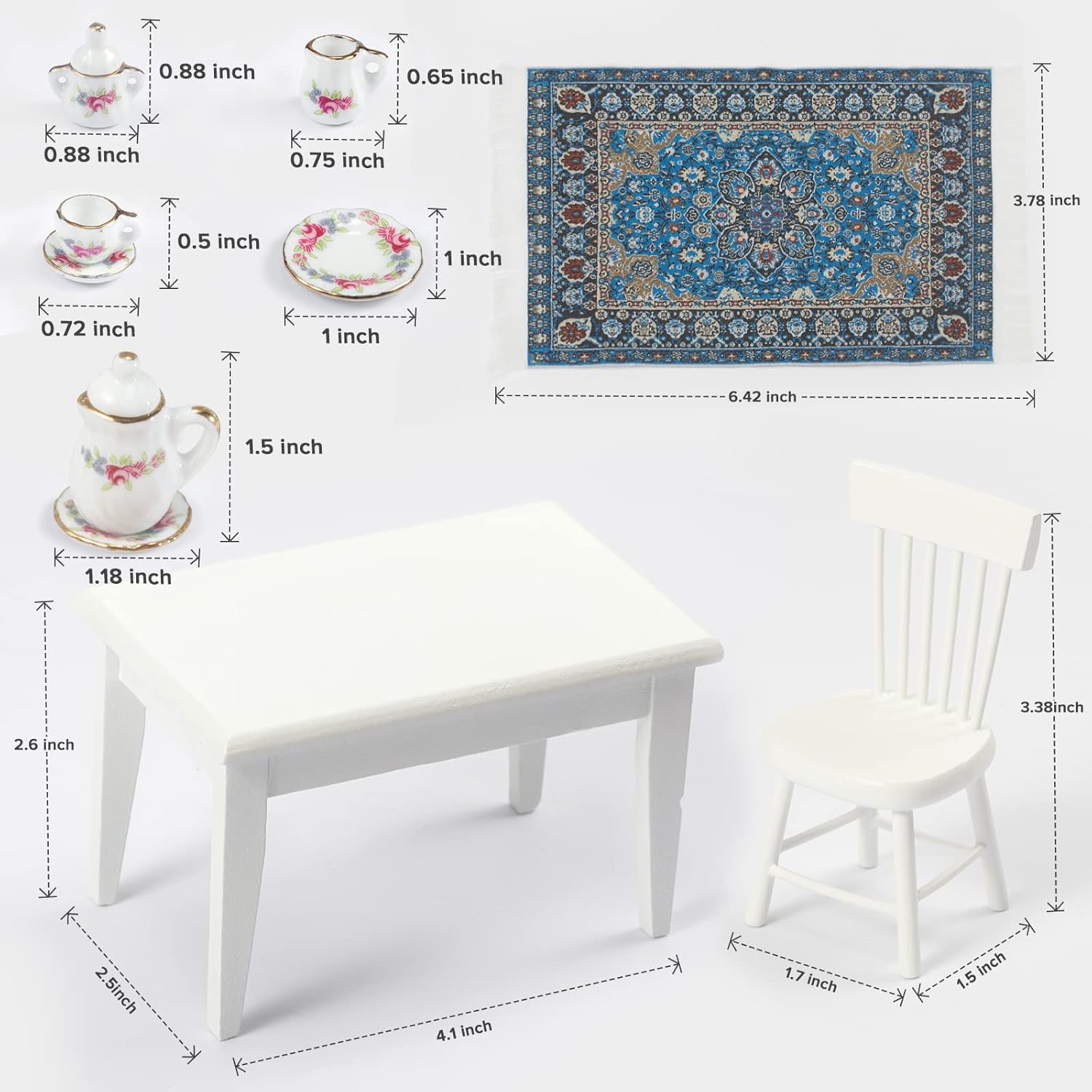 SAMCAMI 1:12 Dollhouse Furniture - Exquisite Kitchen Room Set (17 Pieces) - Dining Table with Chairs, Tea Set, Carpet