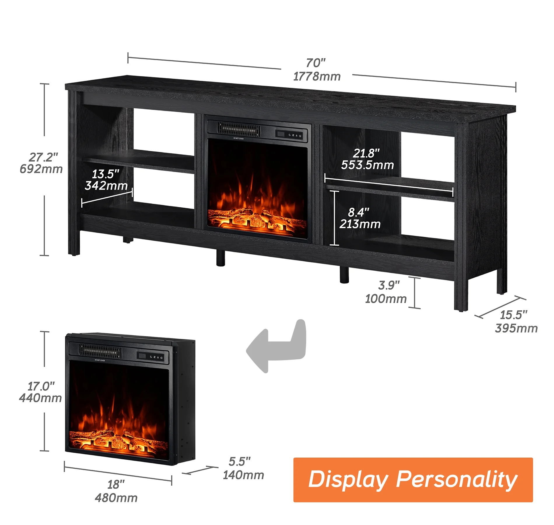 TV Stand for 75 inch TV with Electric Fireplace for Living Room, Black Entertainment Center with 4 Storage for 75 inch TV for Bedroom, 70 inch