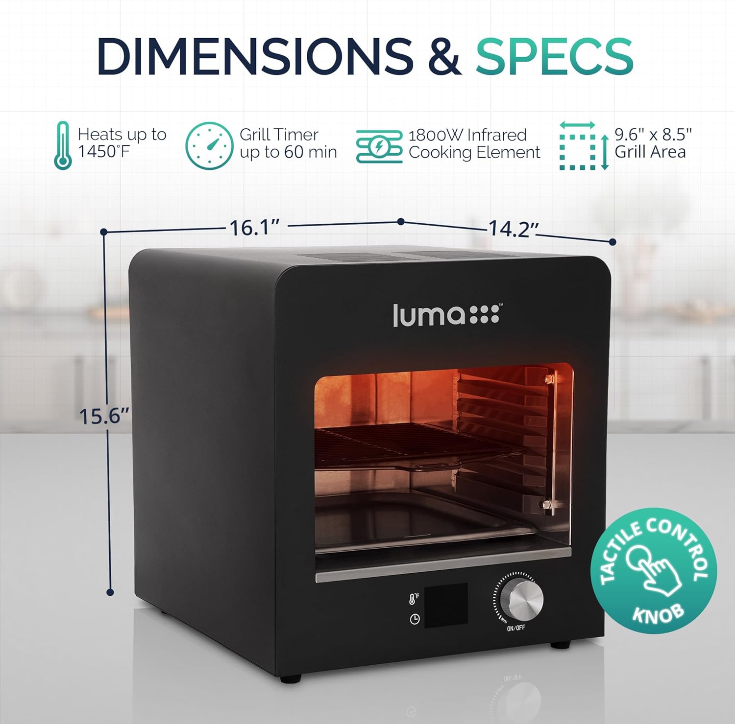 Luma Electric Steak Grill, Portable Indoor Countertop Oven with Griddle, Smokeless Electric Infrared Grill, Heats up to 1450 Degrees, BBQ, Grill