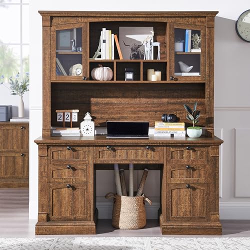 OKD 60" Executive Desk with Drawers, Farmhouse Home Office Desk with Charging Station, Keyboard Tray, File Cabinet Storage