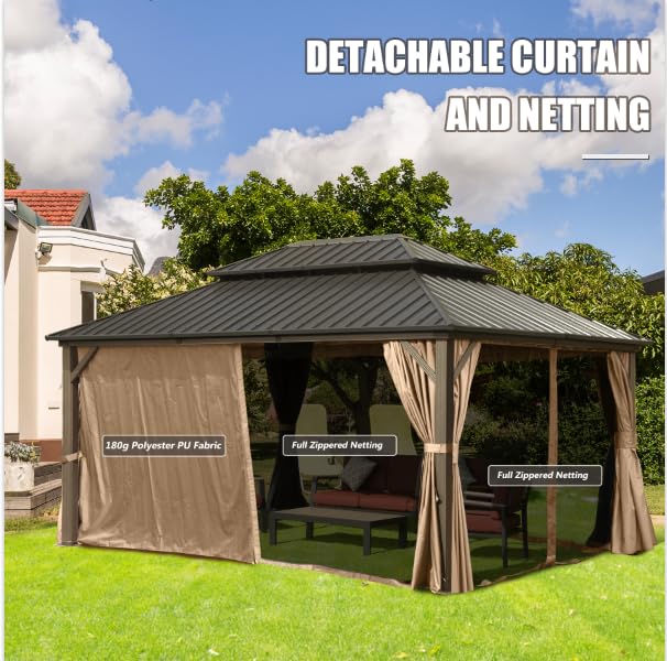 Domi 10’ x 10’ Hardtop Gazebo Metal Frame Canopy with Netting & Curtains