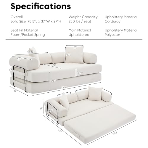 Convertible Sleeper Sofa Bed with Cylindrical Pillow, Corduroy Folding Mattress Couch with Fixed-Shape Frame