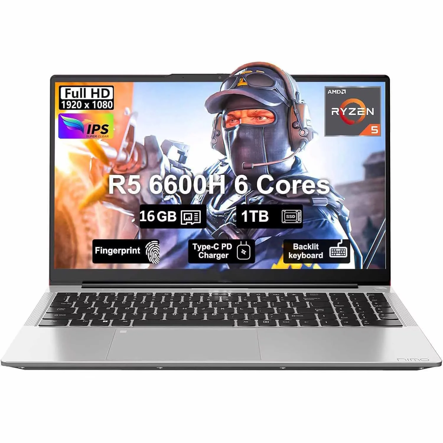 15.6" IPS FHD-Gaming-Laptop, AMD Ryzen 5 6600H 6-Cores 660M GPU 16GB DDR5 RAM 1TB SSD(Beat i7-1165G7