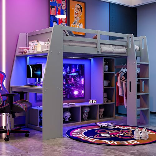 SOFTSEA Full Size Loft Bed with Desk and Storage, Solid Wood Loft Bed with Open Wardrobe and Multi-Storage Shelves