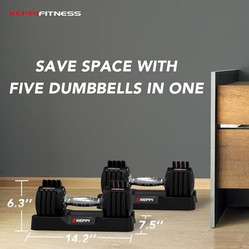 Keppi Adjustable Dumbbells Set-25lb/40lb/55lb/60lb, Anti-Slip Metal Fast Adjust Weight Handle, Exercise & Fitness for Full Body Workout