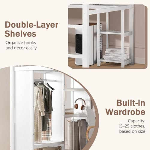 Queen Heavy Duty Metal Loft Bed with L-Shaped Desk, Wardrobe & 5 Storage Shelves – Space-Saving Design for Kids, Teens, Adults – CPC Certified