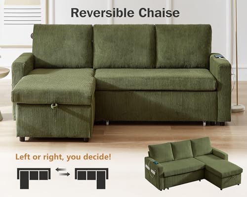 81" Sleeper Sofa Bed with Pull Out Bed, L Shaped Couch Sectional Sleeper Sofa, Pull Out Couch with Reclining Backrest, Reversible Storage Chaise