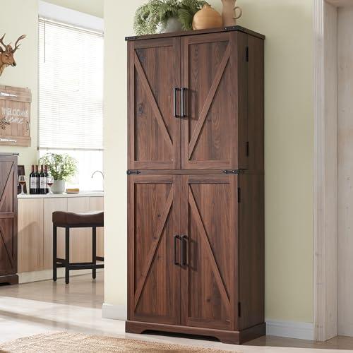 72" Tall Kitchen Pantry, Farmhouse Storage Cabinet with Barn Doors, Organizer, Drawer and Adjustable Shelves, Rustic Wood Cupboard for Kitchen