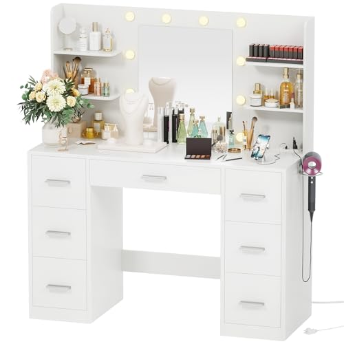 VICTONE Vanity Desk with LED Lighted Mirror&Power Outlet