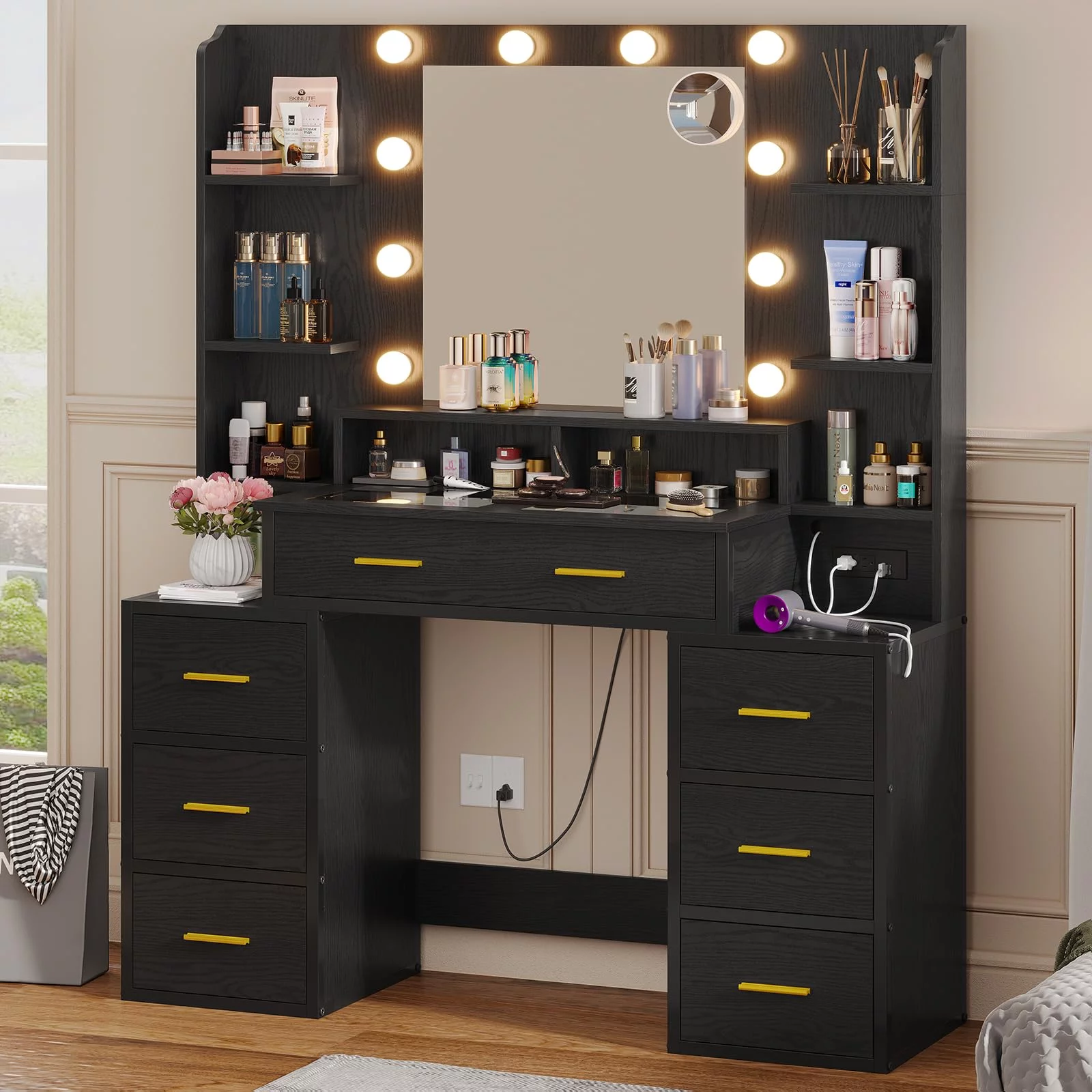 Vanity Desk with Mirror and Lights & Glass Top,Makeup Vanity with Lights & Charging Station,10x Magnifying Mirror