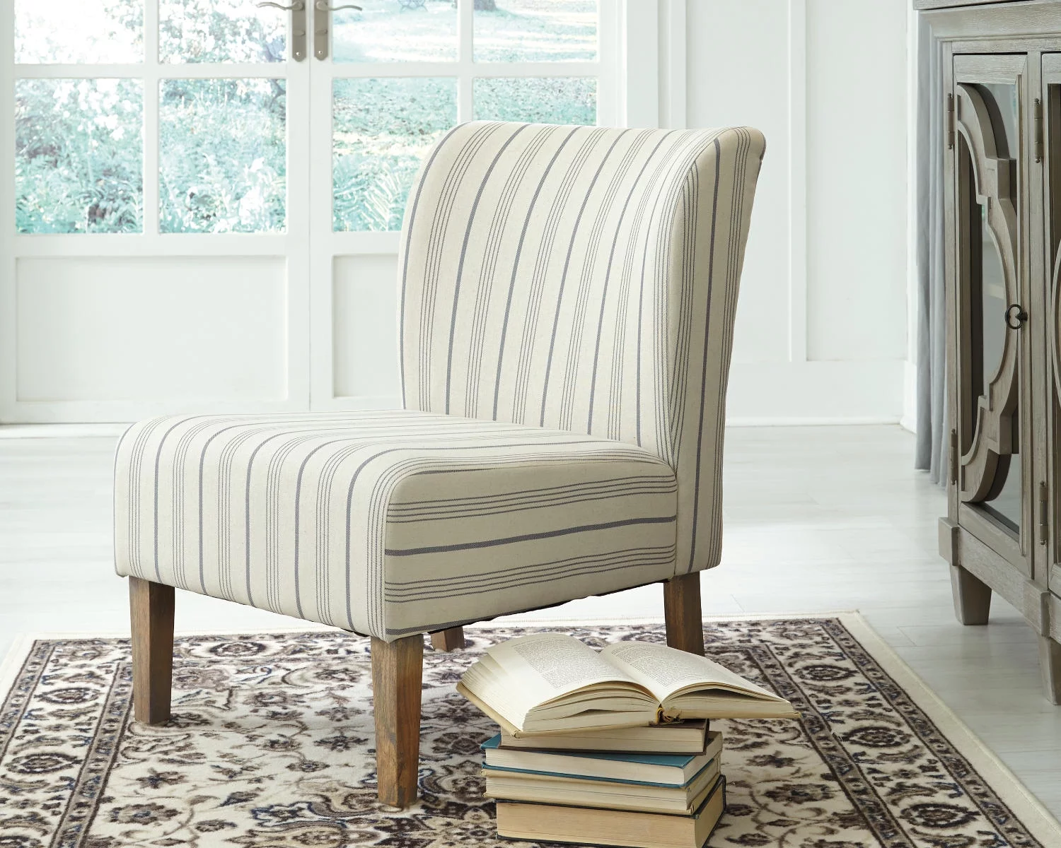 Signature Design by Ashley Triptis Casual Armless Accent Chair, Cream with Blue Pinstripe