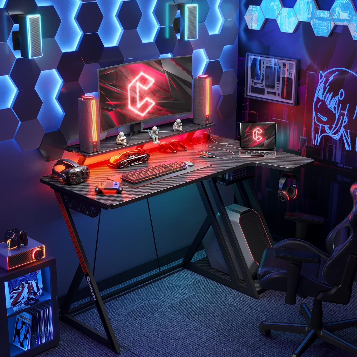 CubiCubi Aurora Gaming Desk with LED Lights & Power Outlets, 40 Inch L Shaped Carbon Fiber Surface Desk with Storage Shelves