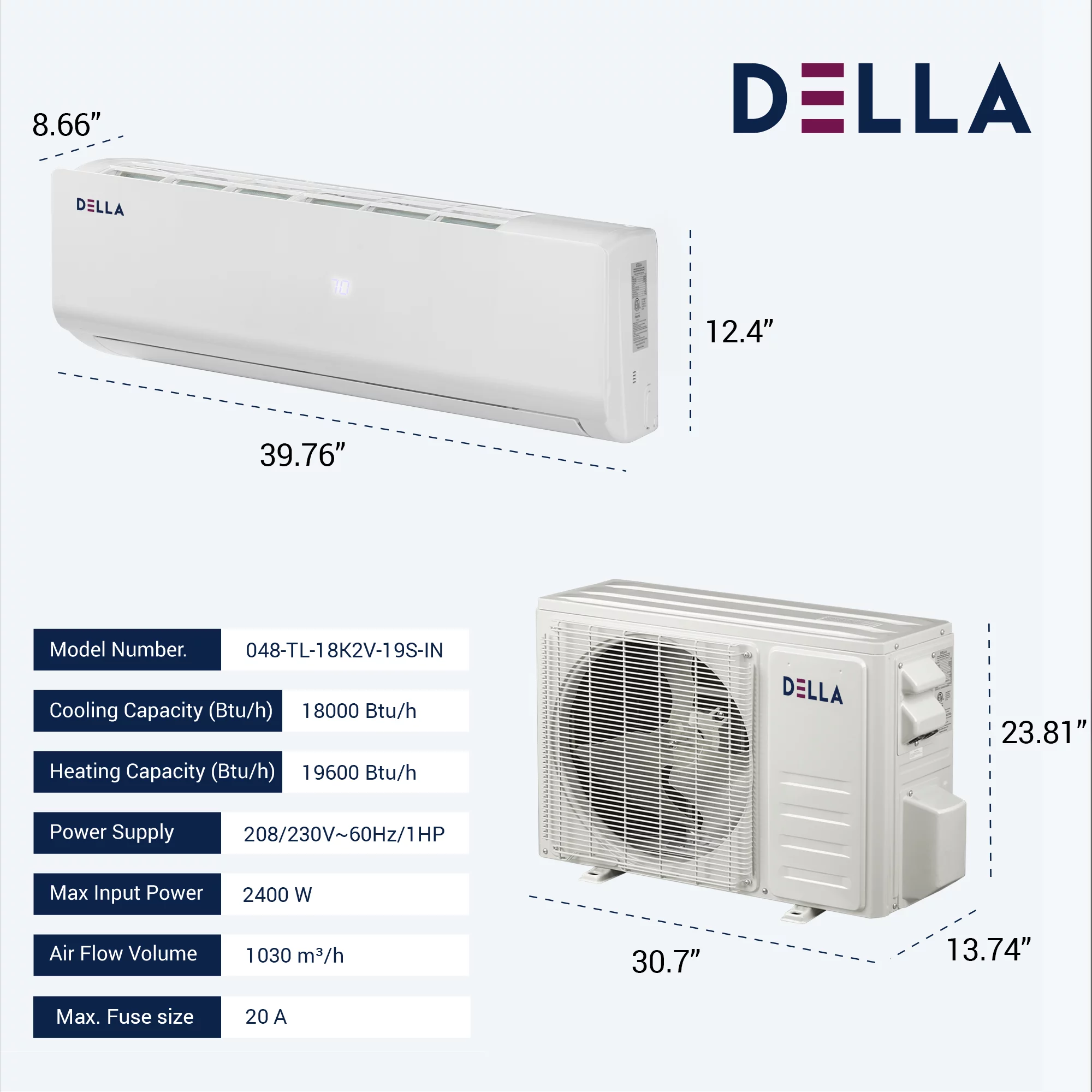 DELLA 18000 BTU Wifi Enabled 19 SEER Cools Up to 1000 Sq.Ft 230V Energy Efficient Mini Split Air Conditioner & Heater Ductless Inverter System