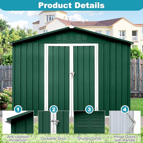 8x6 FT Outdoor Storage Shed, Metal Tool Shed with Lockable Doors, Peaked Roof & Frame Floor