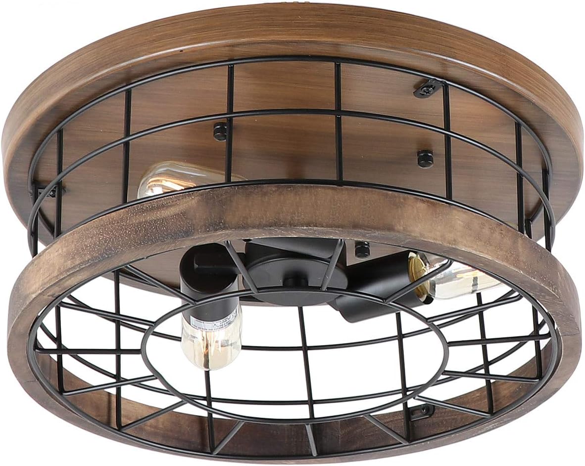 Anmytek Ceiling Light Fixture Rustic Chandelier Flush Mount Ceiling Light Excellent Metal Wood Frame Cage Industrial Pendant Lighting Brown Finishing