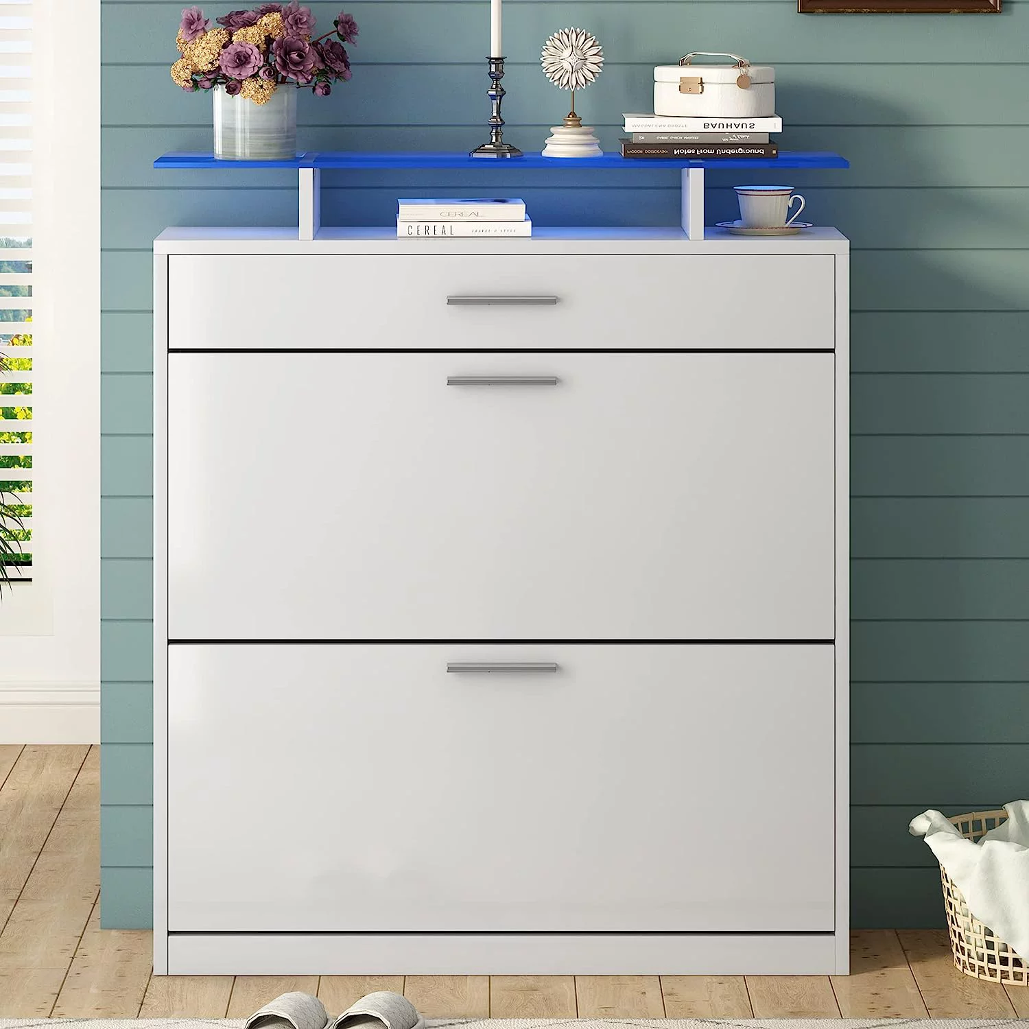 AngLink Slim Entryway Shoe Cabinet with 2 Flip Drawers, Modern Tempered Glass Top Shoe Storage Organizer with Drawer and Open Shelves