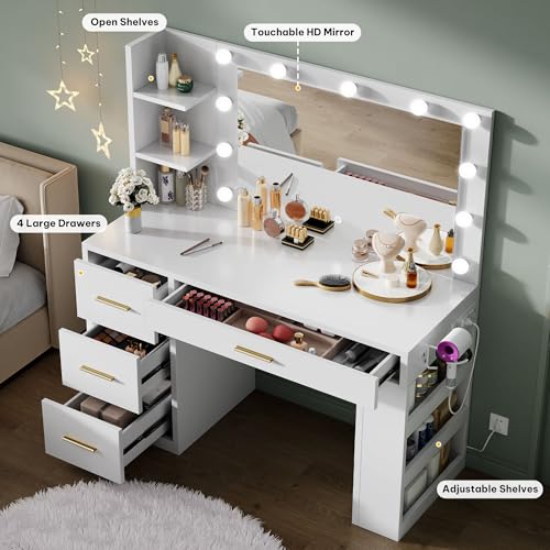 DWVO Vanity Desk with Mirror, Large Makeup Table with Power Outlets, 11 LED Bulbs, 3 Adjustable Light Modes, 4 Drawers and Built-in Shelves