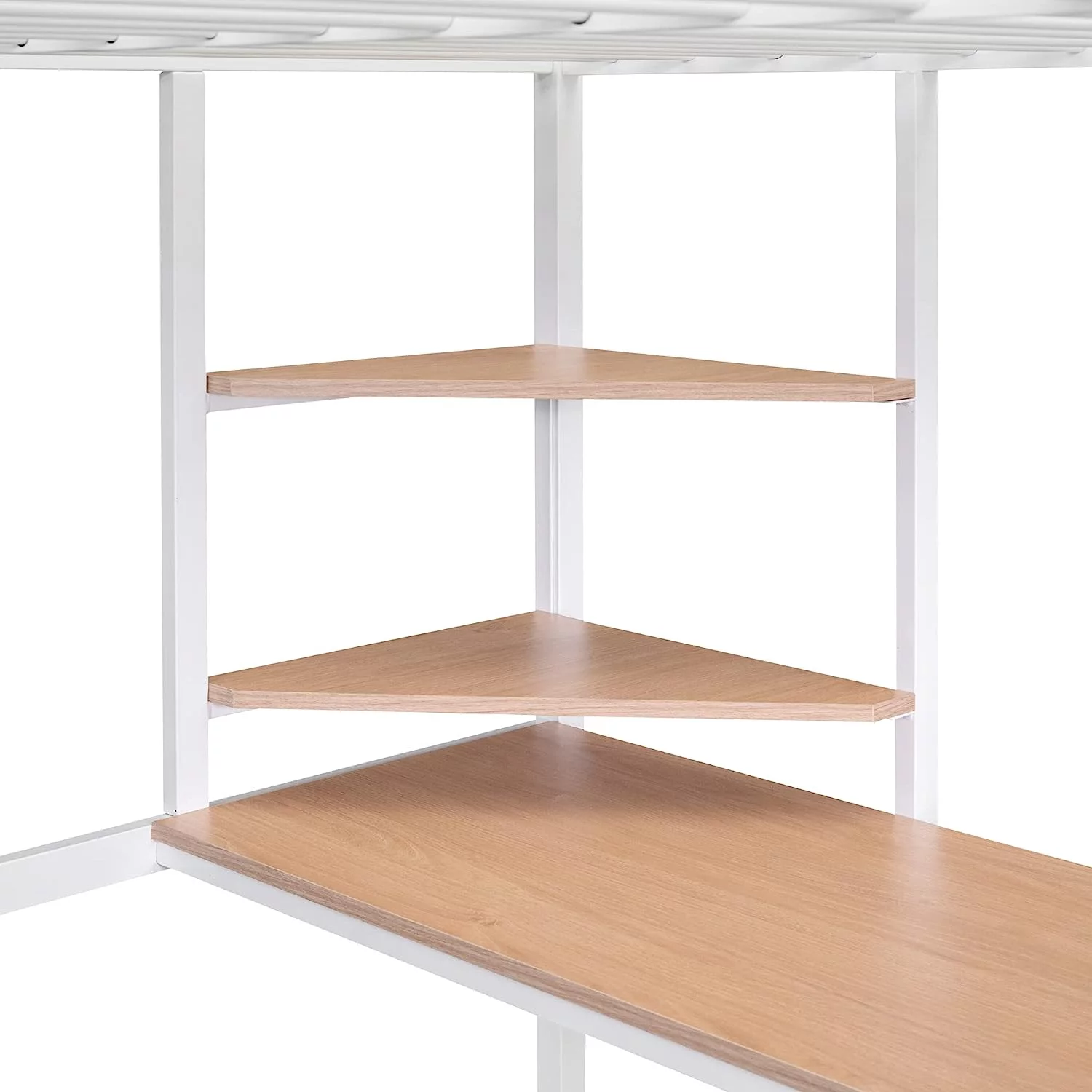 Full Size Metal Loft Bed With Long Desk, Shelves And Full Length Guardrails, Space-Saving Full Loft Bed For Bedroom, White
