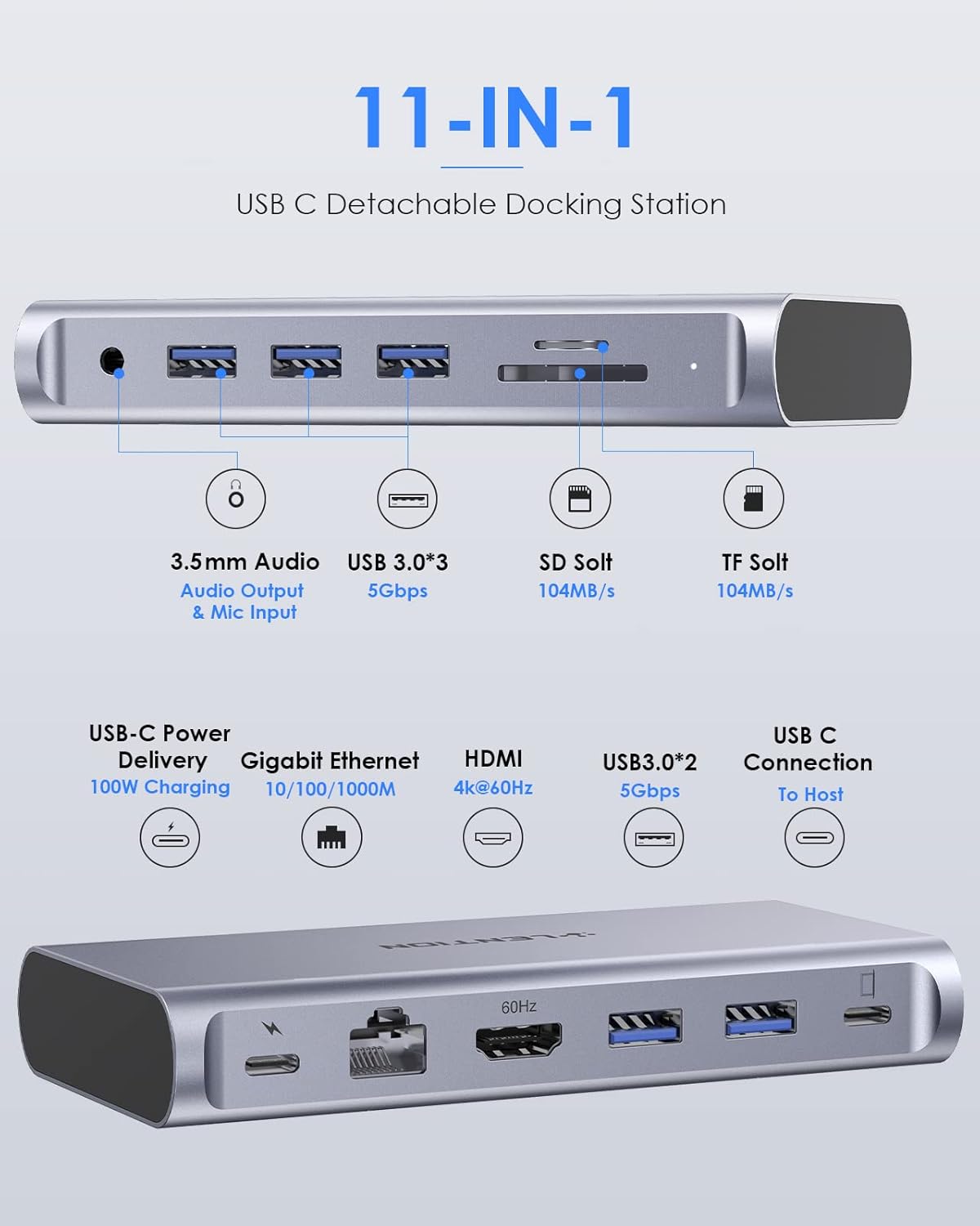 LENTION USB C Docking Station with 4K 60Hz HDMI, 100W PD, Gigabit Ethernet, Card Reader, USB 3.0, Aux Adapter for New MacBook Pro/Mac Air/Surface