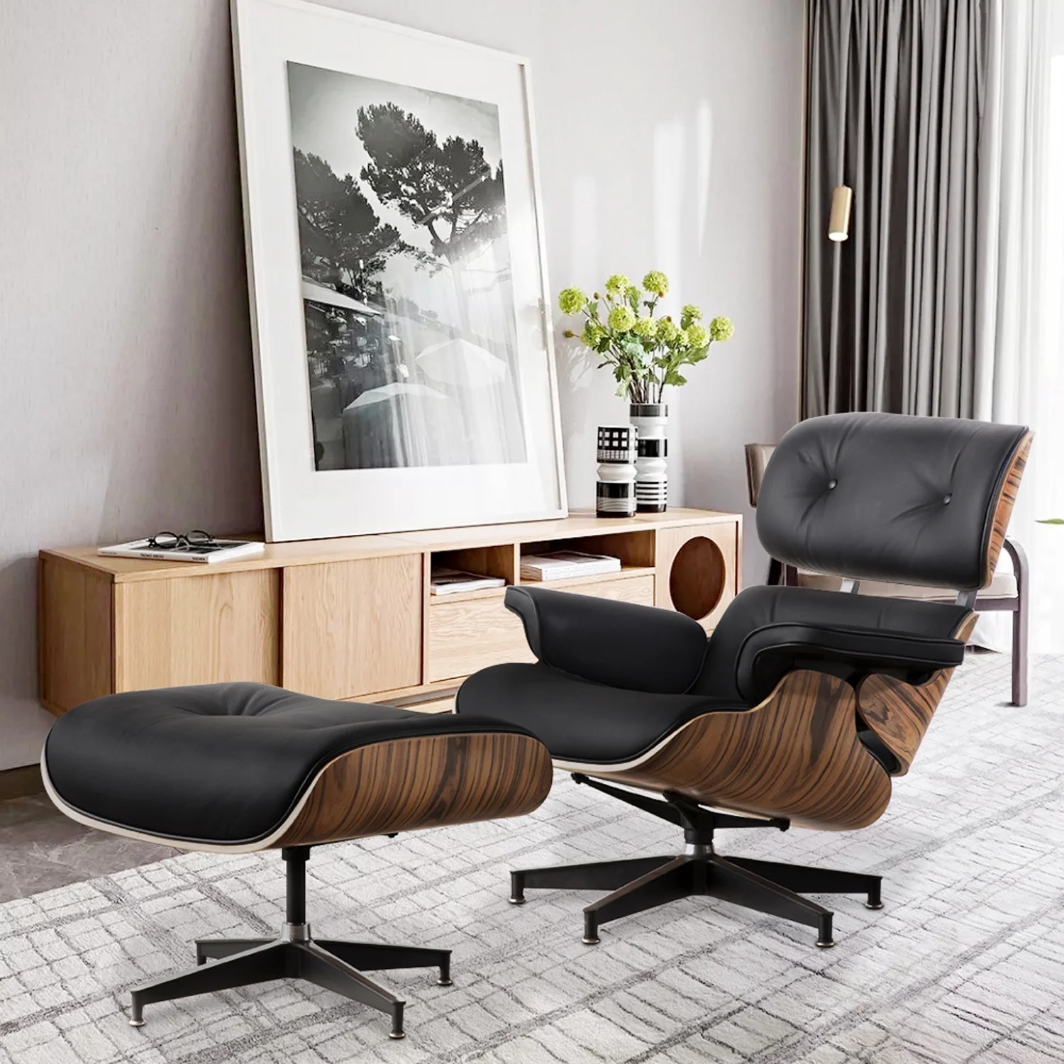 HomeRoots 526374 33 x 34.6 x 34.2 in. Black Tufted Leather & Brown Swivel Lounge Chair with Ottoman