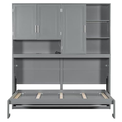SOFTSEA Twin Size Murphy Bed Frame with Storage Cabinet and Shelves, Foldable Wall Bed with Light & USB for Guest Room, No Box Spring Needed, Gray