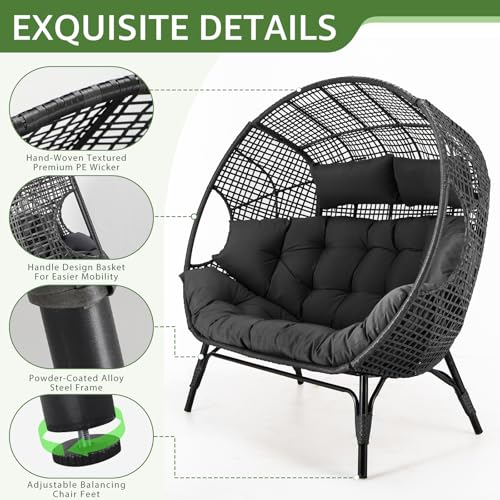 NICESOUL® Double Egg Chair Indoor Outdoor Stationary Oversized Thicken Padded Cushions, 2 Person Egg Loveseat Chair