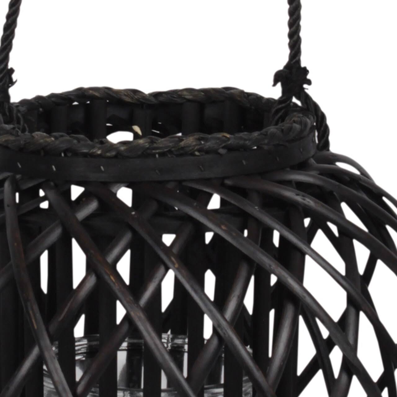 Benjara BM208710 Round Bellied Lattice Design Lantern with Glass Candle Holder Black - Large